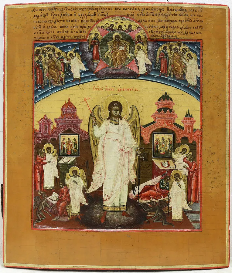 Редкая старинная икона «Святой Ангел Хранитель со сценами жития»