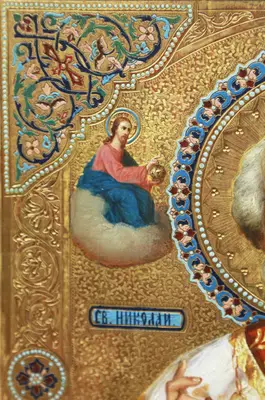 Старинная икона «Николай Чудотворец на золотом фоне с росписью под эмаль» — фото 7